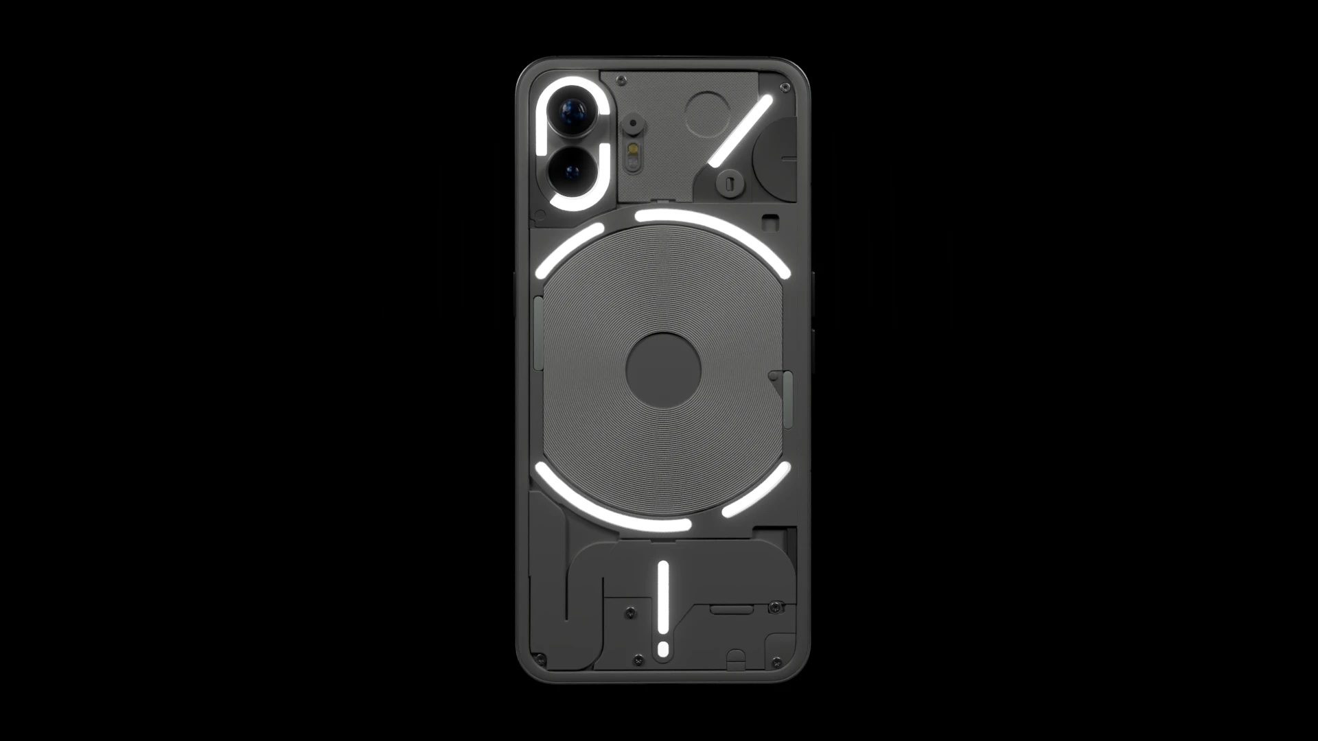 The back of a Nothing Phone (2), its glyph lights glowing on black.