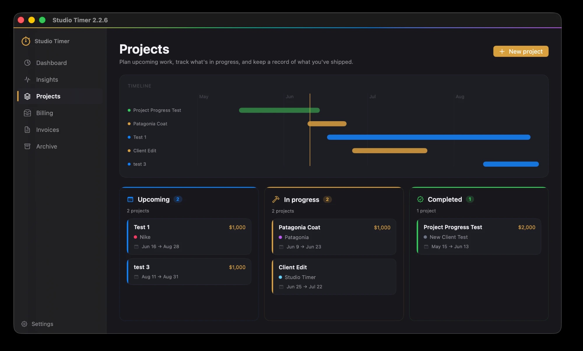 The Studio Timer Projects view, with a color-coded timeline of client work.