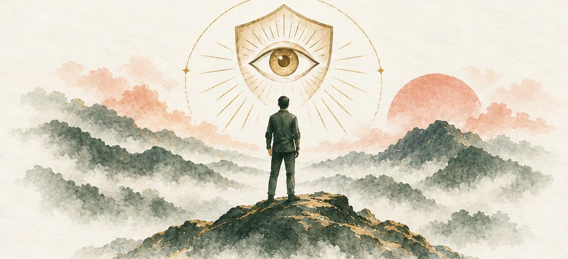 A lone figure on a mountaintop beneath a watchful eye set in a shield.