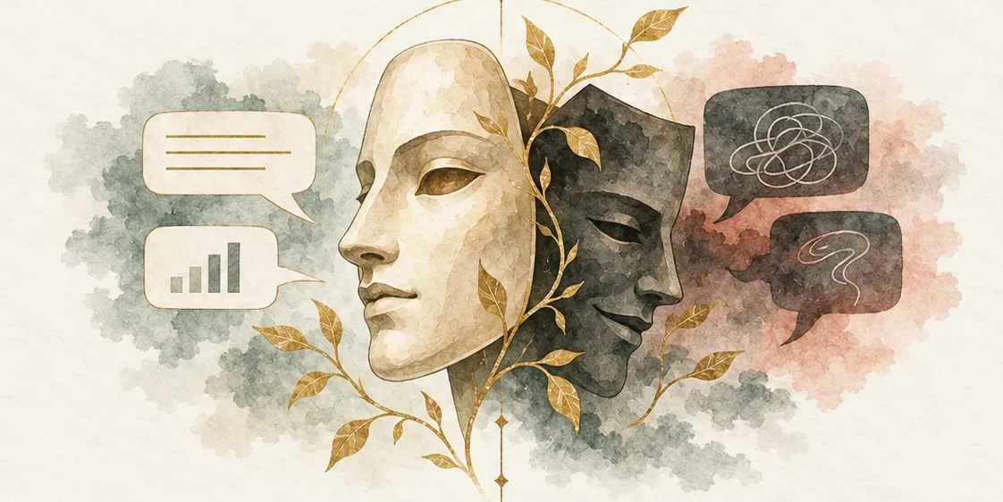 Two masks, one pale and one dark, between honest charts and tangled speech bubbles.