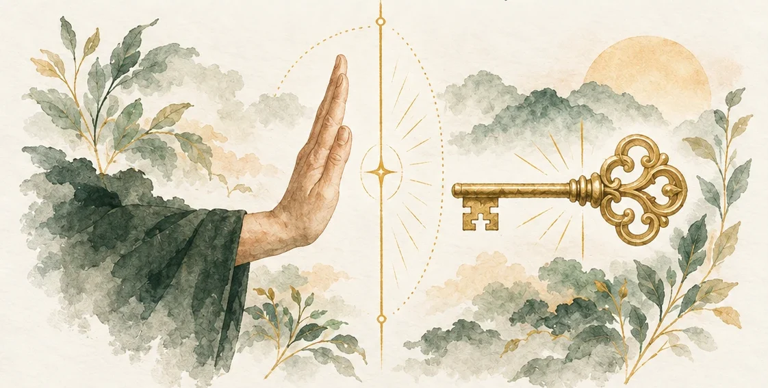 A raised hand held back from a golden key.