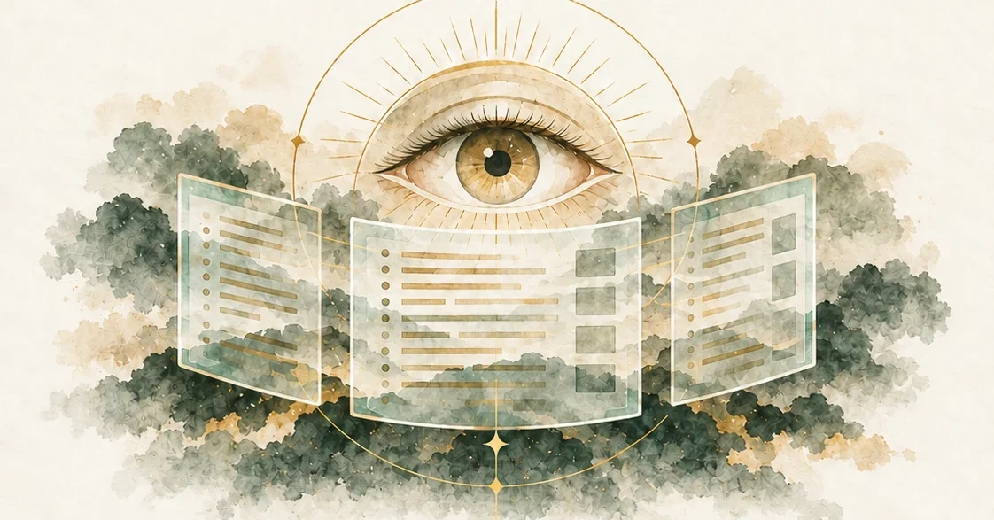 A great eye above three open logs, floating over a forest.