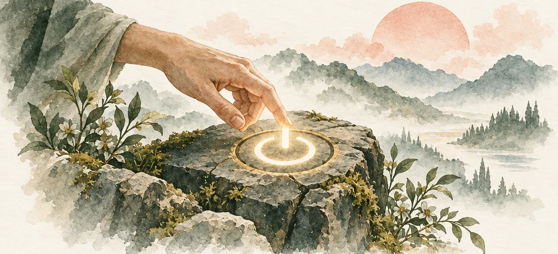 A hand reaching to press a glowing power button set in stone.