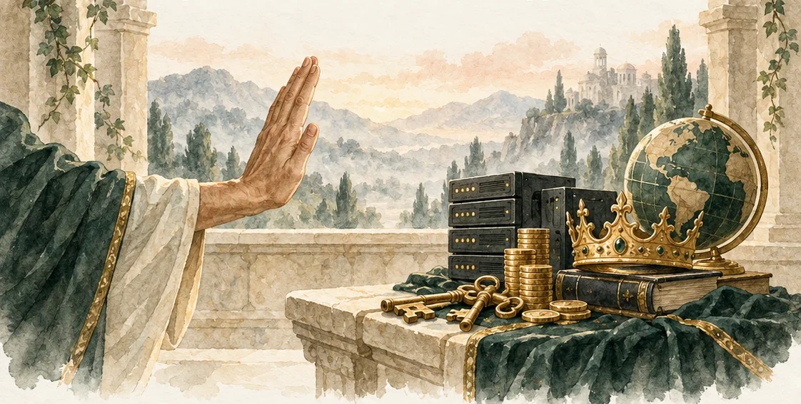 A raised hand refusing a table of servers, coins, keys and a crown.