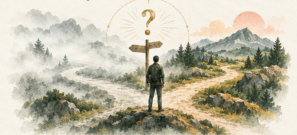 A traveler at a signpost where two paths split under a question mark.