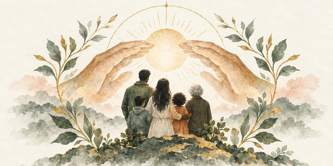 Two open hands sheltering a family beneath the sun.