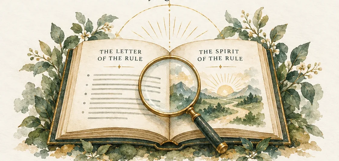 An open book, The Letter of the Rule and The Spirit of the Rule, under a magnifying glass.