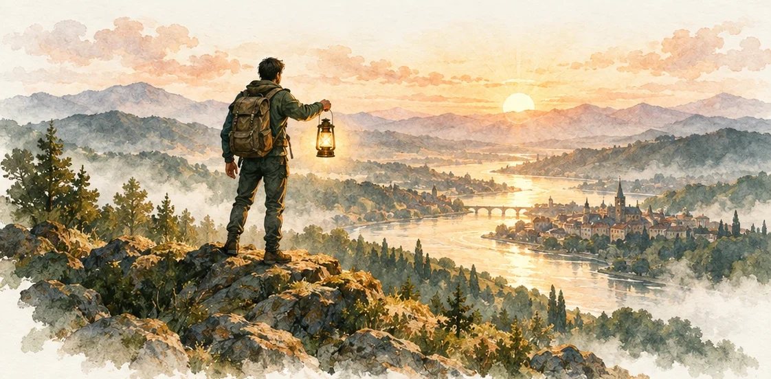 A traveler with a lantern overlooking a river town at sunrise.