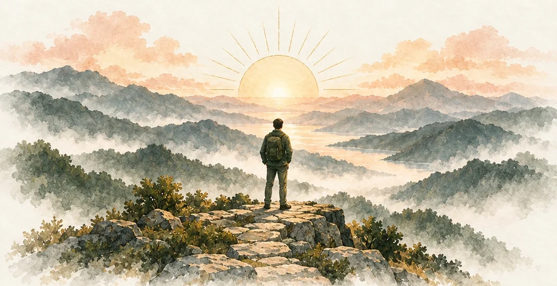 A traveler on a stone outcrop watching the sun rise over misty mountains and a river.