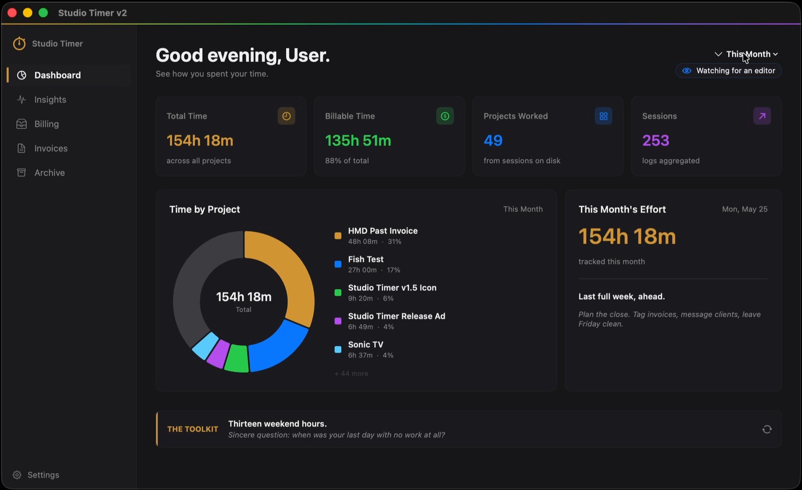 The Studio Timer dashboard, showing tracked hours, billable time and time by project.